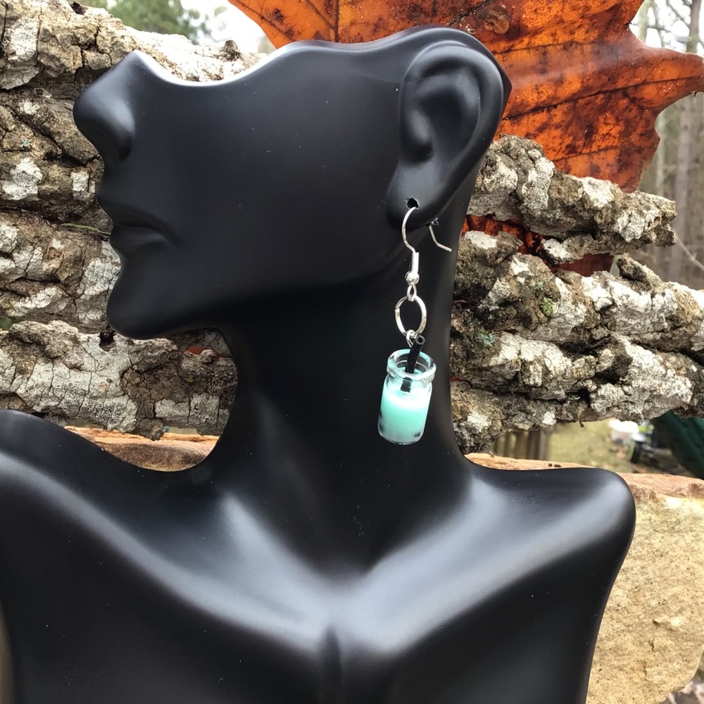 Mint boba tea drink earrings 925 silver milk juice
